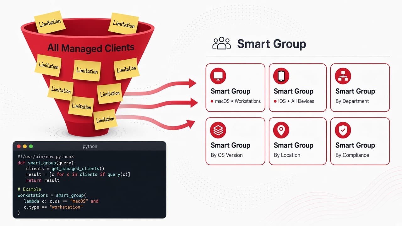 Jamf policy limitations funneled into smart groups, in red and white